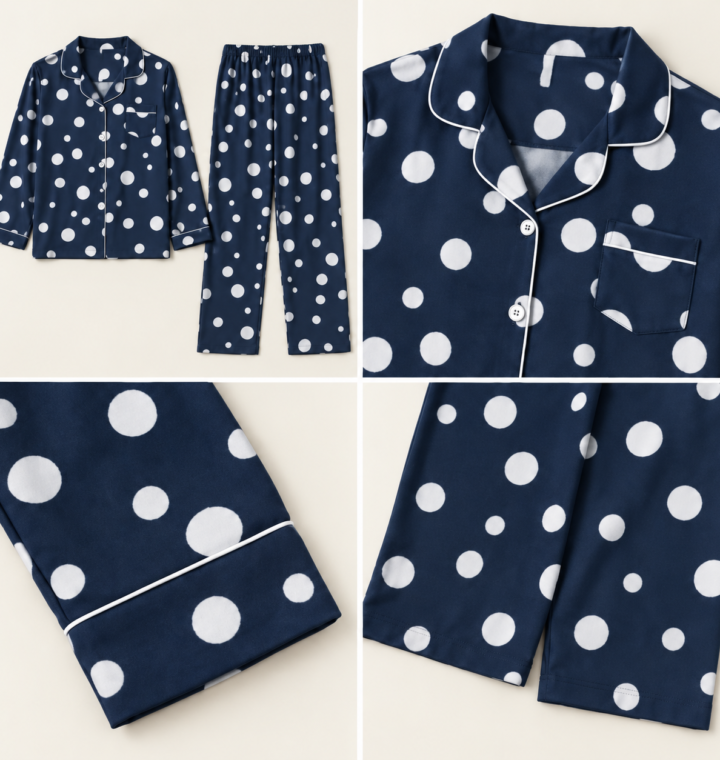 Women's Navy Polka Dot Long Pyjama Set