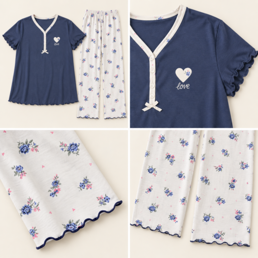 Pijama de mulher azul de manga curta com calças florais