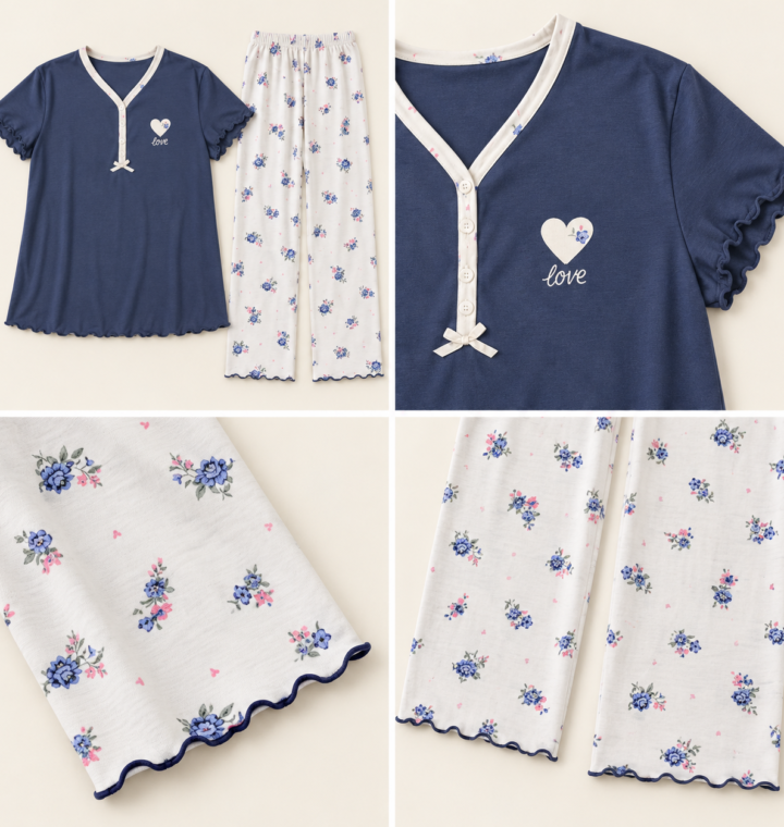 Women's Blue Short-Sleeve Pyjama Set with Floral Trousers