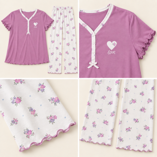 Pijama de mulher rosa de manga curta com calças florais