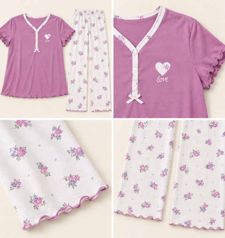 Women's Pink Short-Sleeve Pyjama Set with Floral Trousers