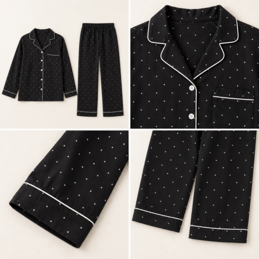 Pijama largo de mujer negro con lunares blancos, camisa abotonada y pantalón a juego.