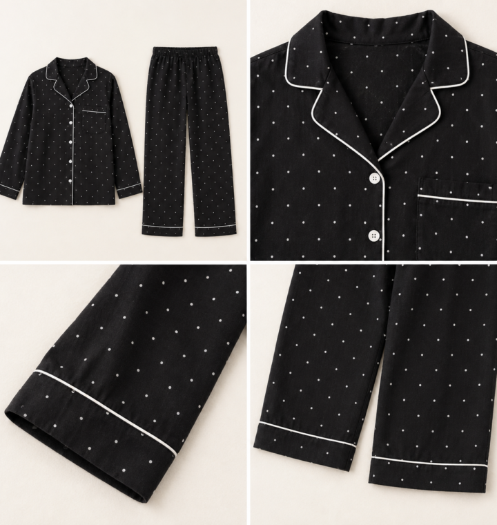 Pijama largo de mujer negro con lunares blancos, camisa abotonada y pantalón a juego.