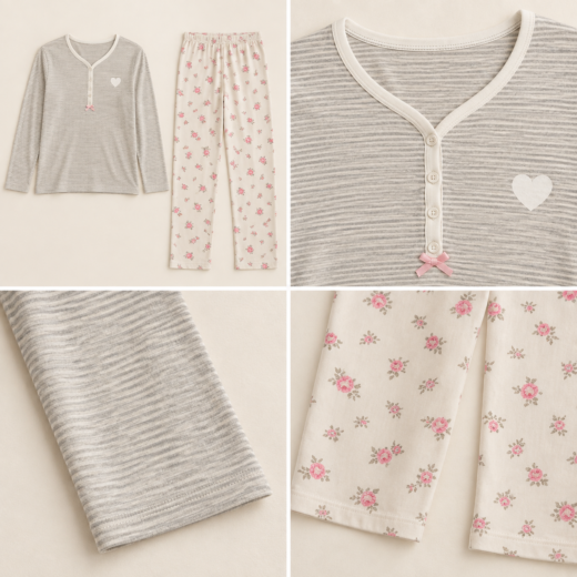 Pyjama Long Femme à Rayures et Fleurs