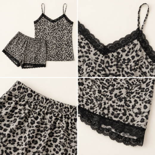 Pijama curto de mulher leopardo com renda