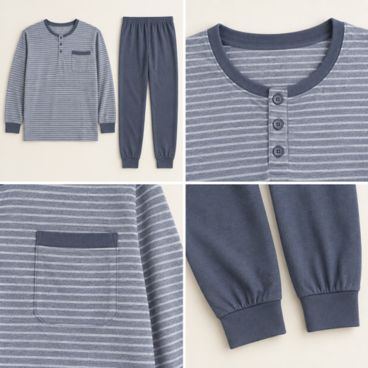 Pijama comprido de homem azul-acinzentado às riscas