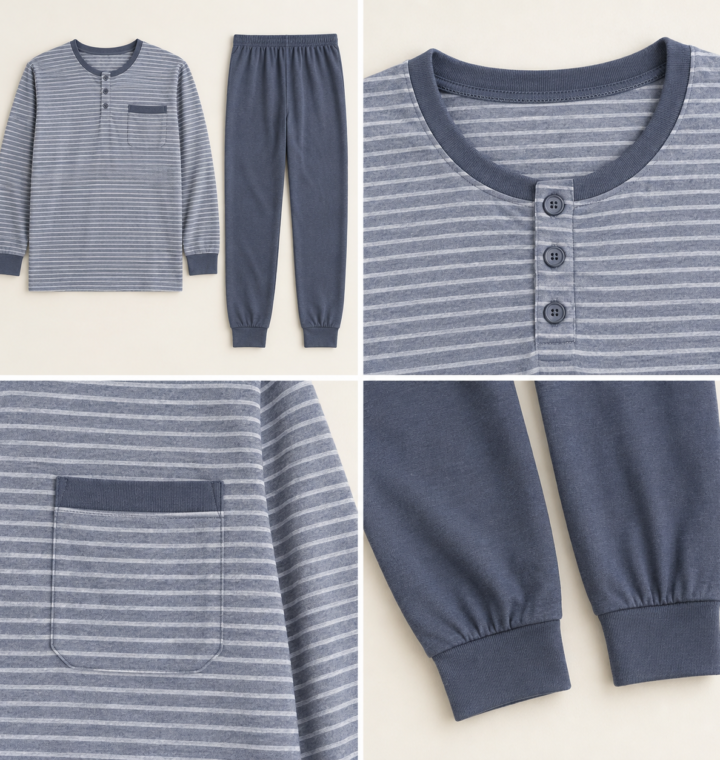Men's Blue-Grey Striped Long Pyjama Set