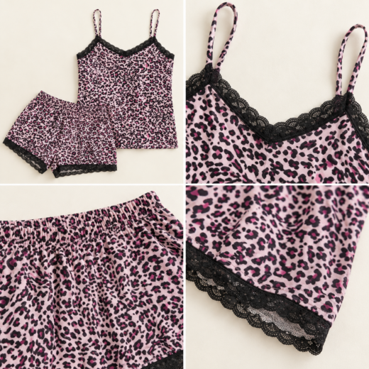 Pijama curto de mulher rosa leopardo com renda