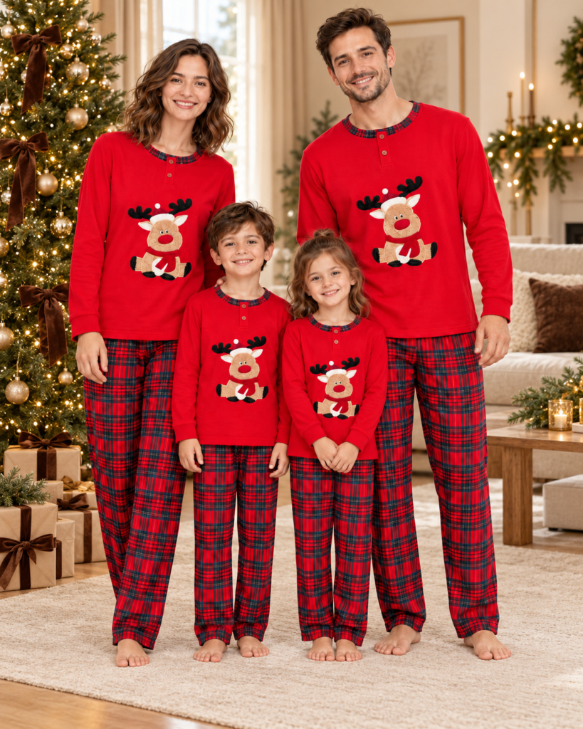 Familia de cuatro con pijamas navideños Reno