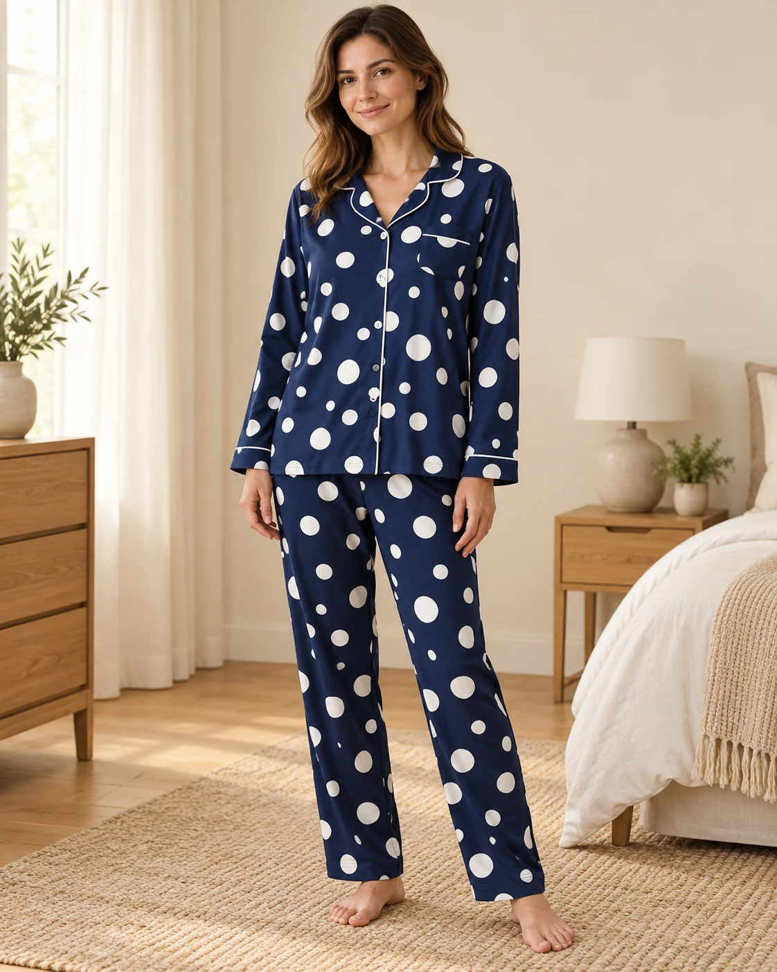 Navy long pyjama set with large white polka dots — worn set