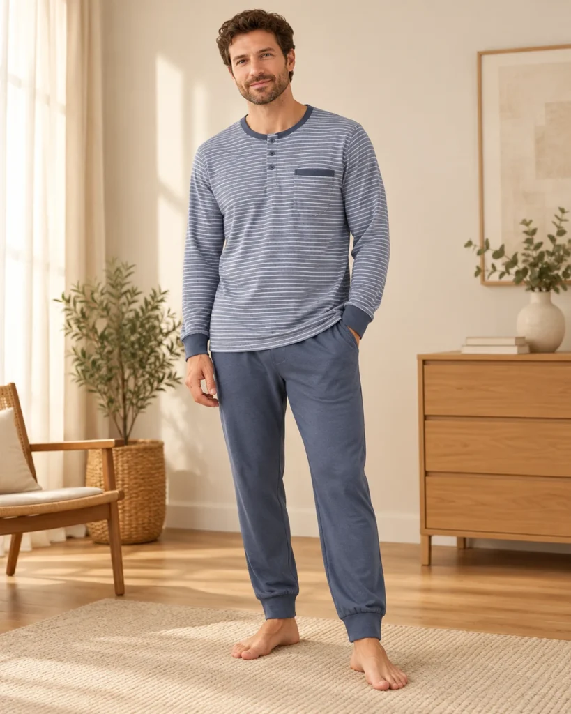 Blue-grey striped long pyjama set for men — worn set