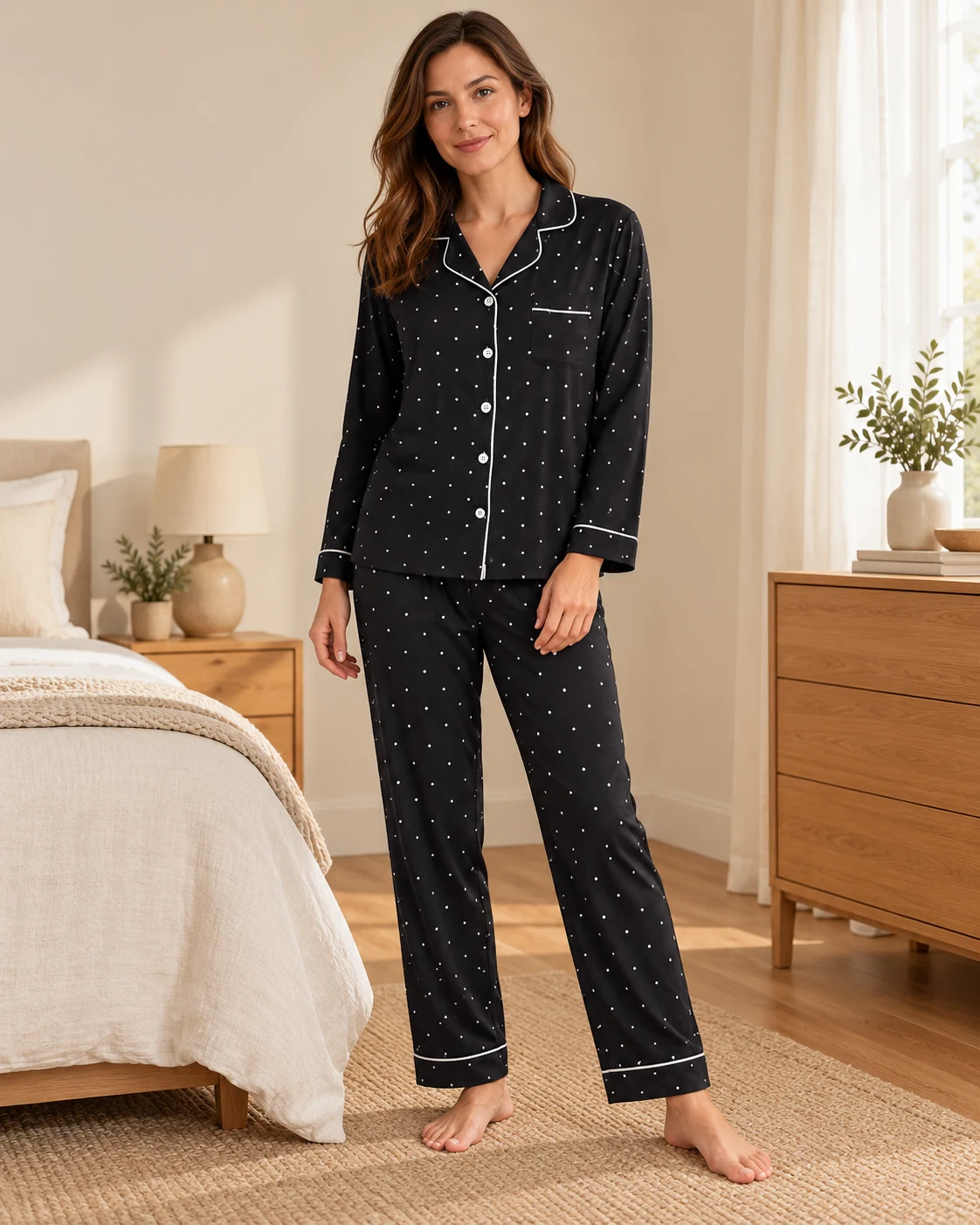 Black long pyjama set with small polka dots — worn set